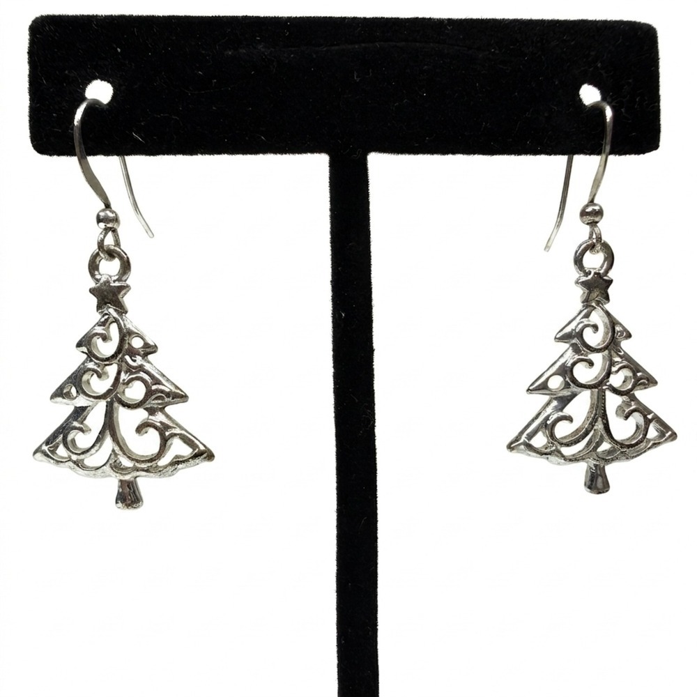 Silver-Tone Christmas Tree Dangle Drop Earrings Holiday Fashion Jewelry Fishhook